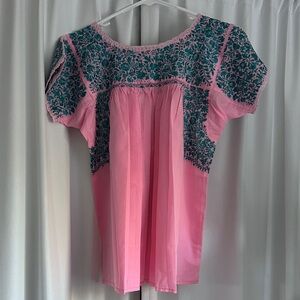 Traditional Oaxacan Pink Blouse with Green Embroidery